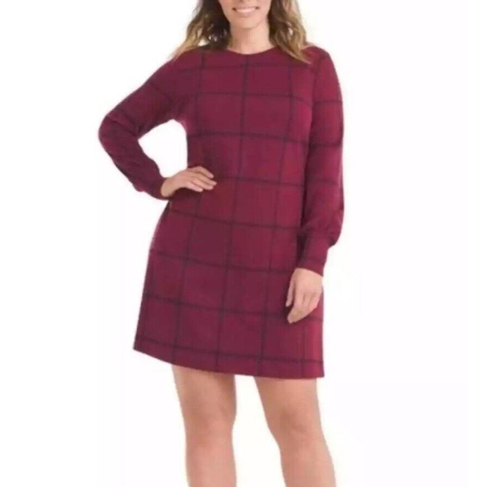 Anthropologie Hutch Shift Dress Size XL Red Black Windowpane Plaid Long Sleeve
